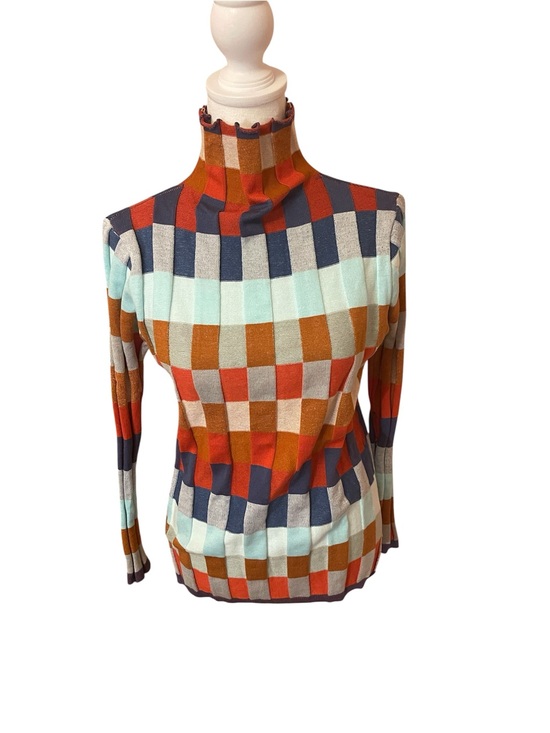 Sweaters - Colorful Plaid Knit Sweater | Orange Blue Checkered Pullover |